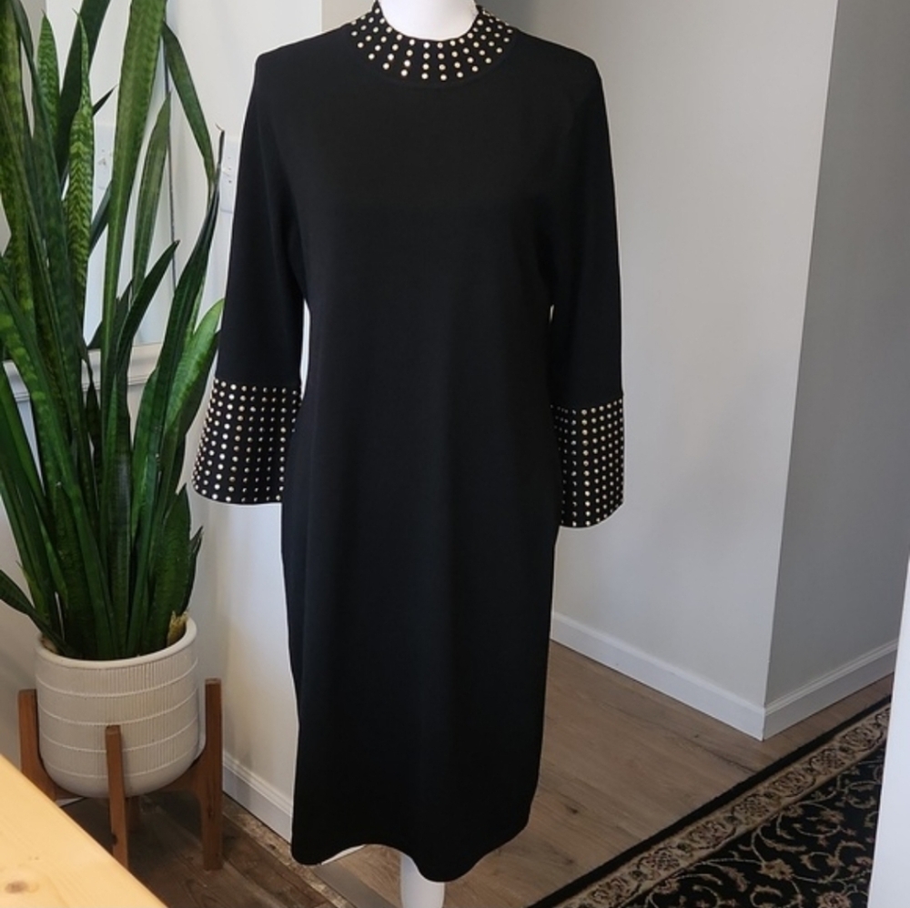 Calvin Klein Black Dress Mock Neck Studded Bell Sleeve Size XL